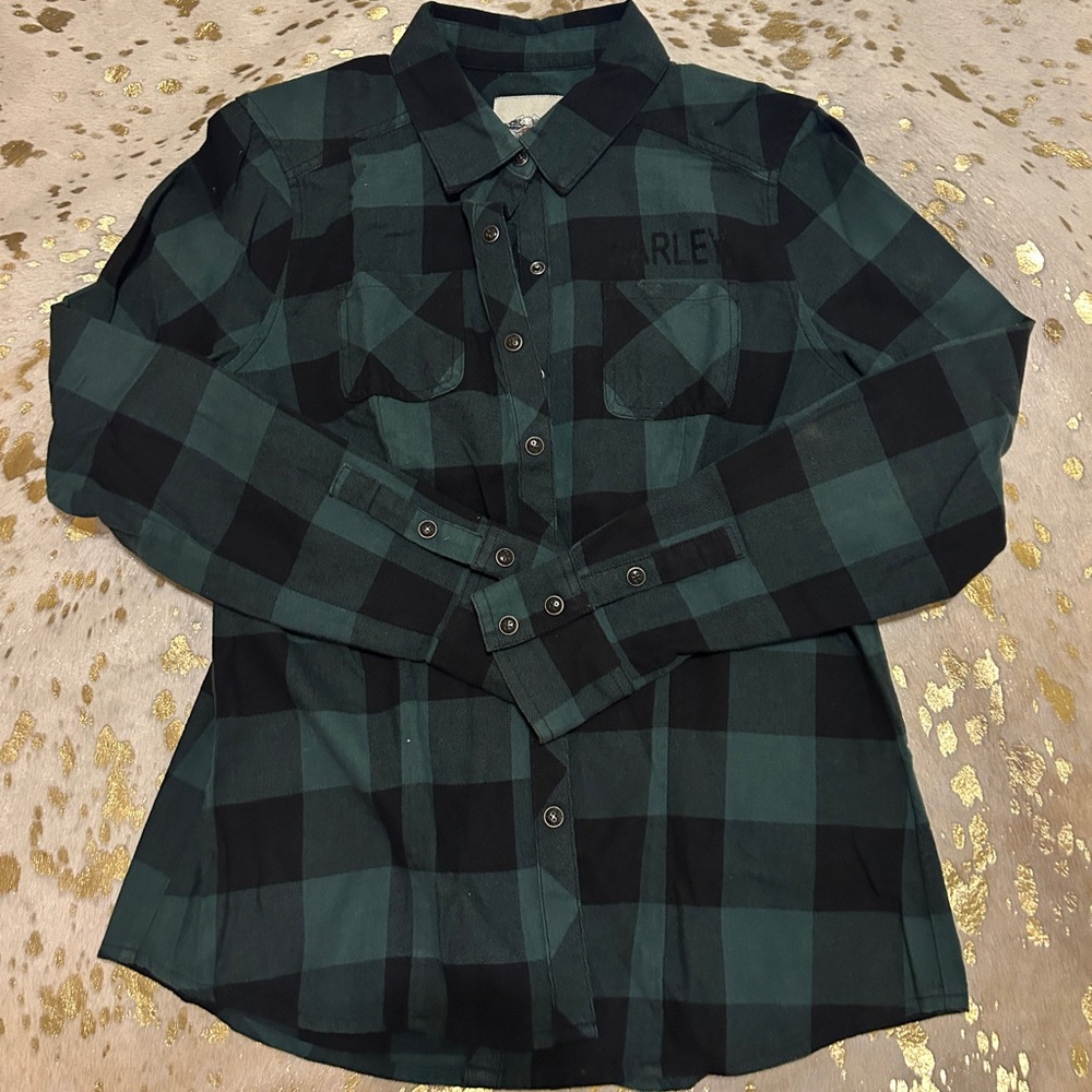 Harley-Davidson Black and Green Checkered Shirt
